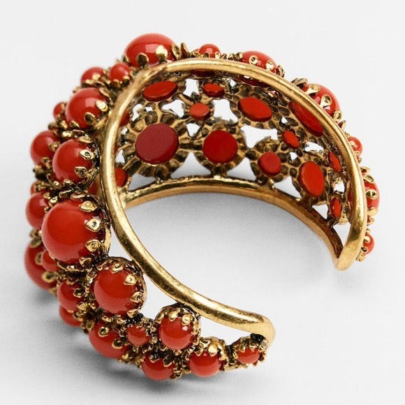 ZARA Red/Orange Stone and Metal Cuff Bracelet - Picture 4 of 8